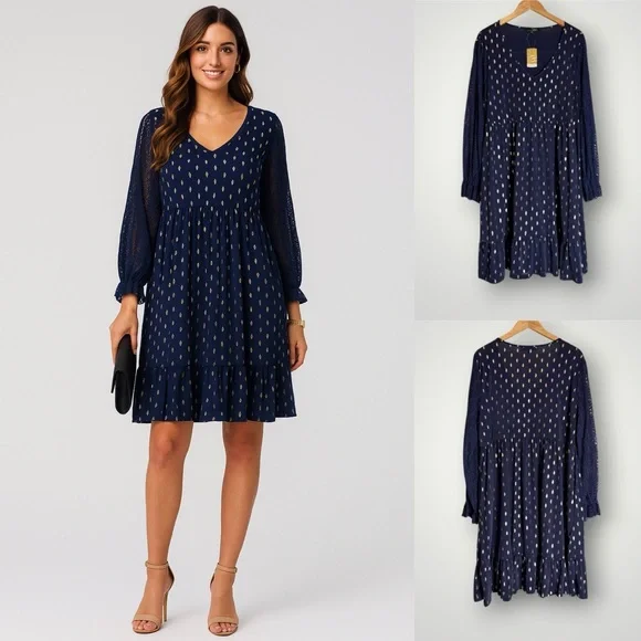 Suzanne Betro Gold Leaf Print Empire Dress Sz 1X Lace Sleeve Ruffle Cuff Pockets - Picture 1 of 8